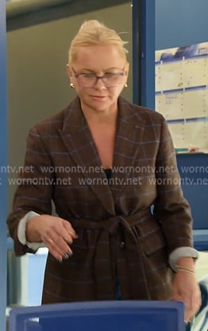 Galyna's brown plaid belted blazer on The McBee Dynasty Real American Cowboys
