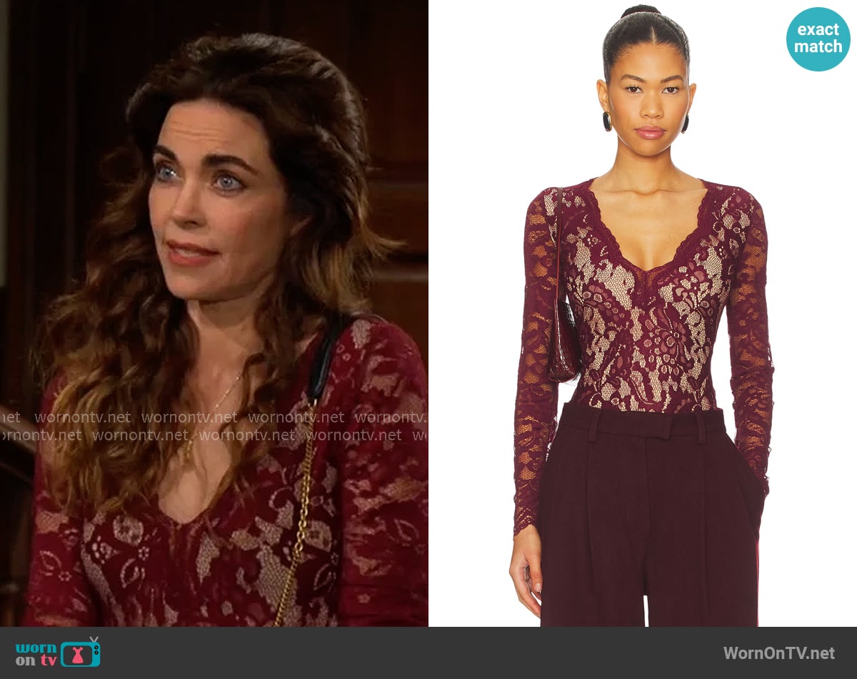 Generation Love Alessia Lace Bodysuit in Cabernet & Beige worn by Victoria Newman (Amelia Heinle) on The Young and the Restless