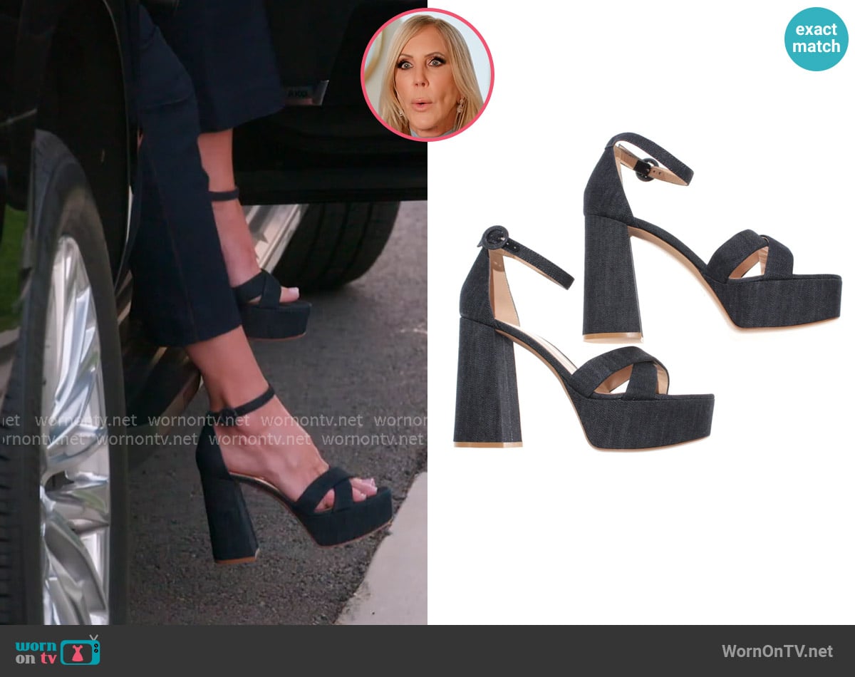 Gianvito Rossi Sheridan Blue Denim Crisscross Platform Sandal Pumps worn by Vicki Gunvalson on The Real Housewives of Orange County