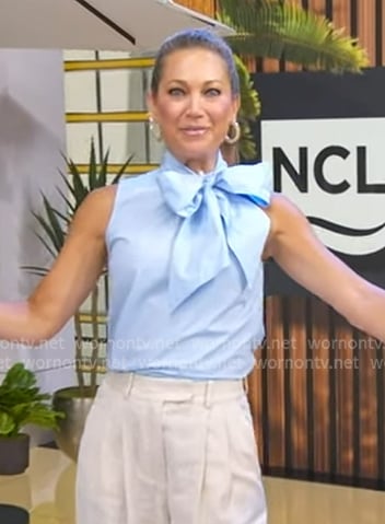Ginger’s blue sleeveless tie neck top on Good Morning America