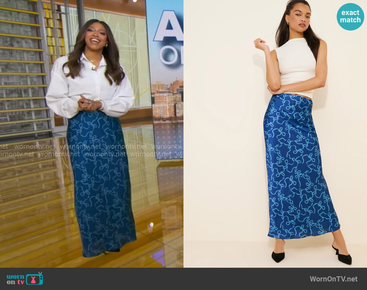 Glamorous Slip Maxi Skirt in Blue worn by Morgan Norwood on Good Morning America