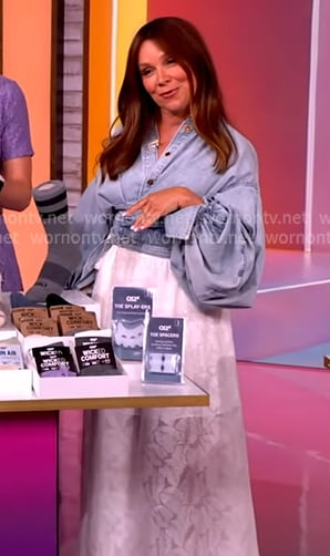 Gretta Monahan’s wrap denim shirt and white floral maxi skirt on The View
