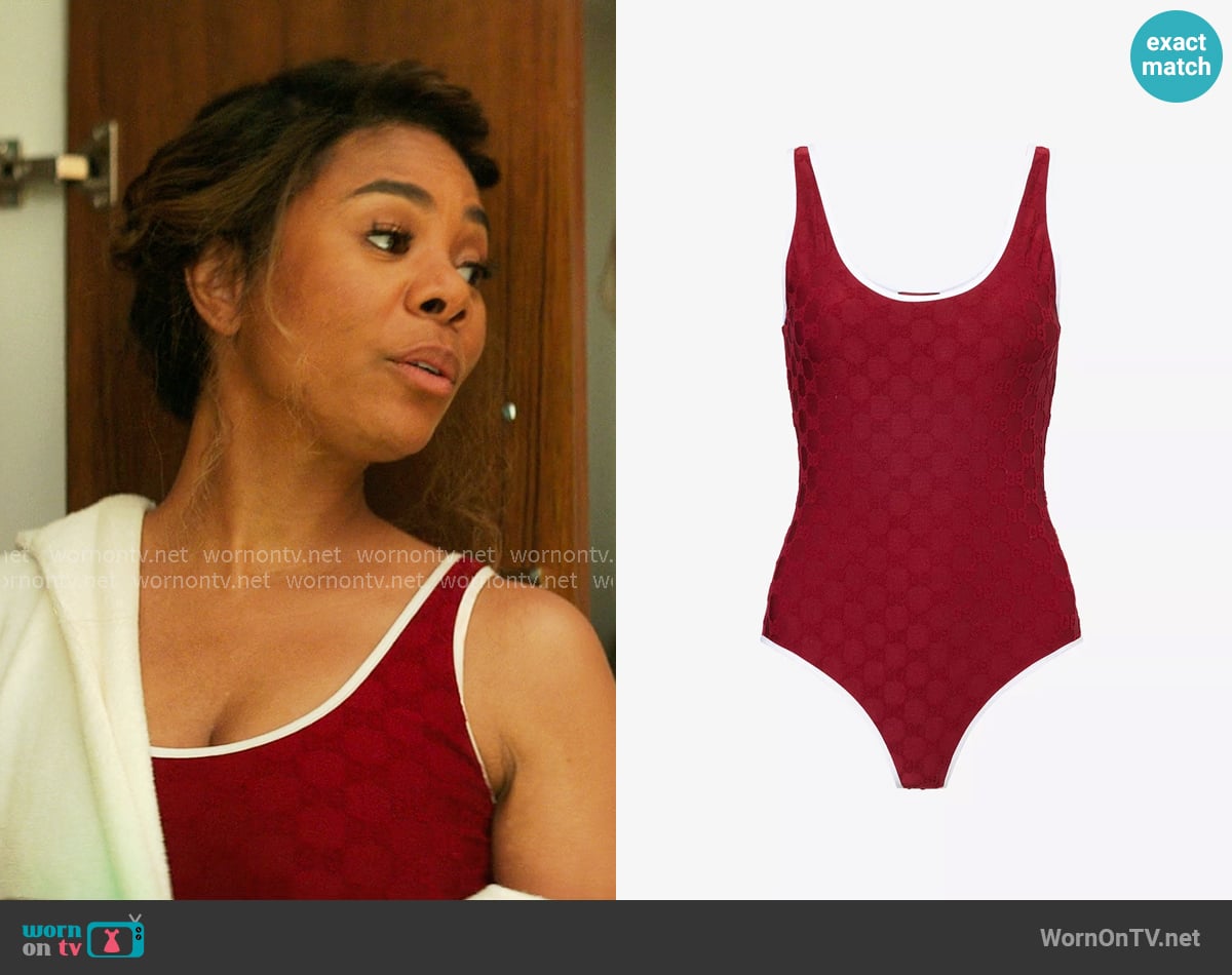 Gucci Lido Monogram Jacquard Swimsuit worn by  Dru-Ann Jones (Regina Hall) on The Five Star Weekend