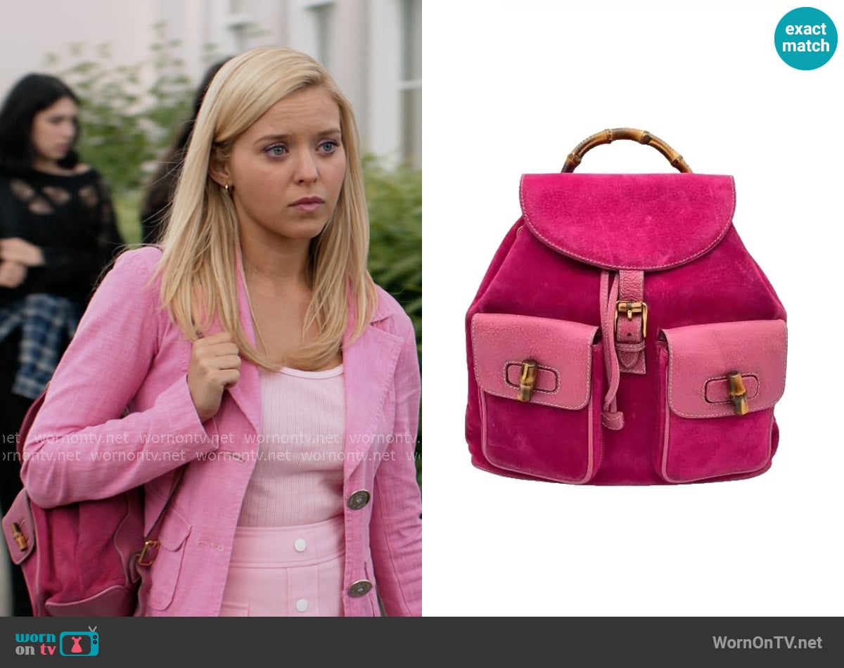 Gucci Vintage Bamboo Suede Backpack worn by Elle Woods (Lexi Minetree) on Elle