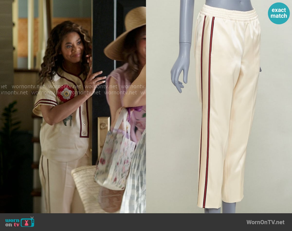Gucci Web-Striped Duchesse Satin Trouser worn by  Dru-Ann Jones (Regina Hall) on The Five Star Weekend