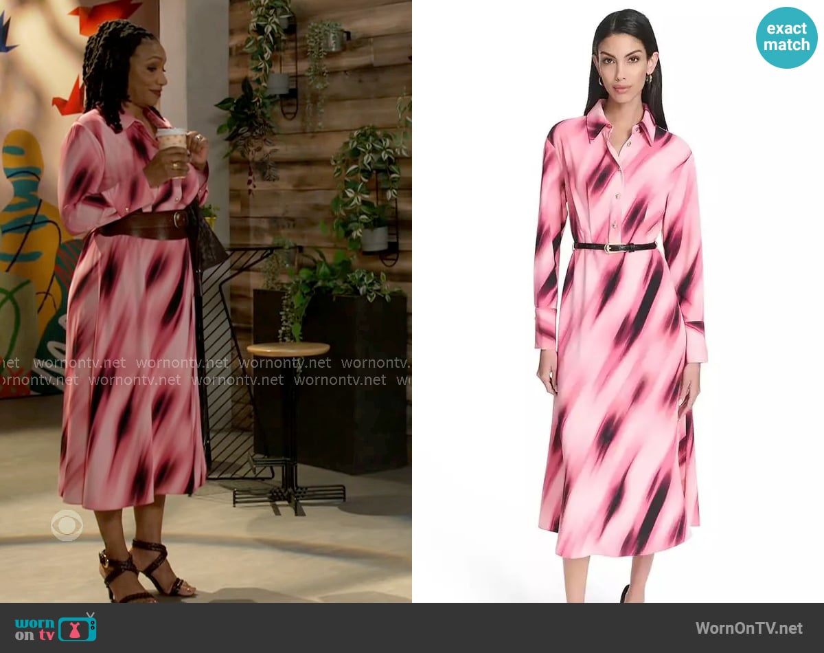 Halston Printed Collared Long-Sleeve Dress worn by Darlene Hawthorne (Monique Mosee) on Beyond the Gates