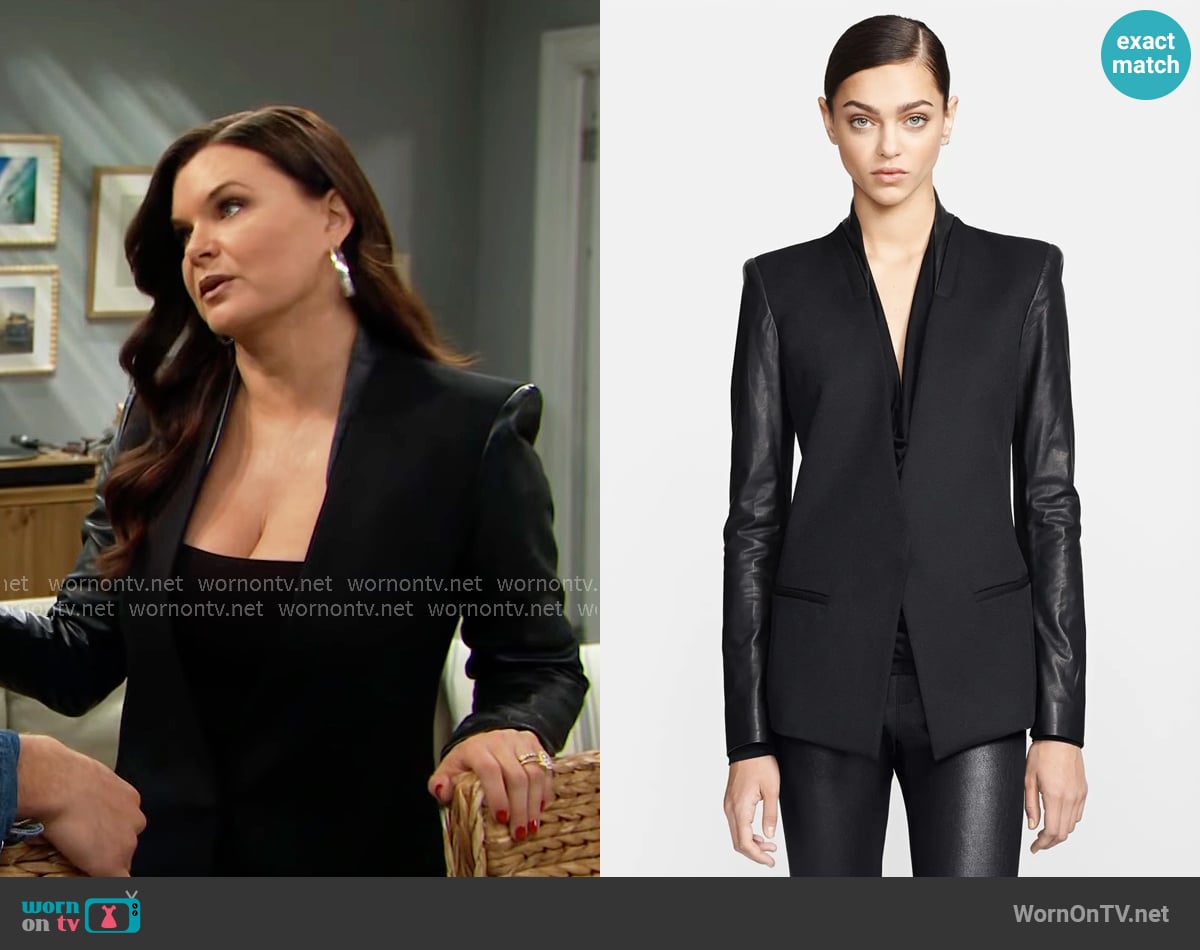 Helmut Lang Crux Leather Sleeve Jacket worn by Katie Logan (Heather Tom) on The Bold and the Beautiful