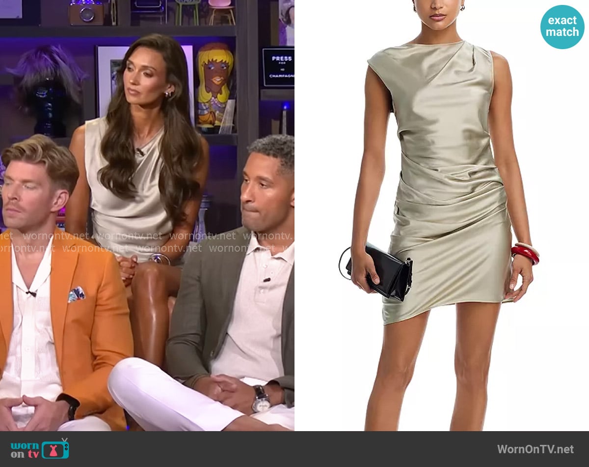 Helmut Lang Silk Draped Mini Dress in Green Tea worn by Whitney Fransway on In The City