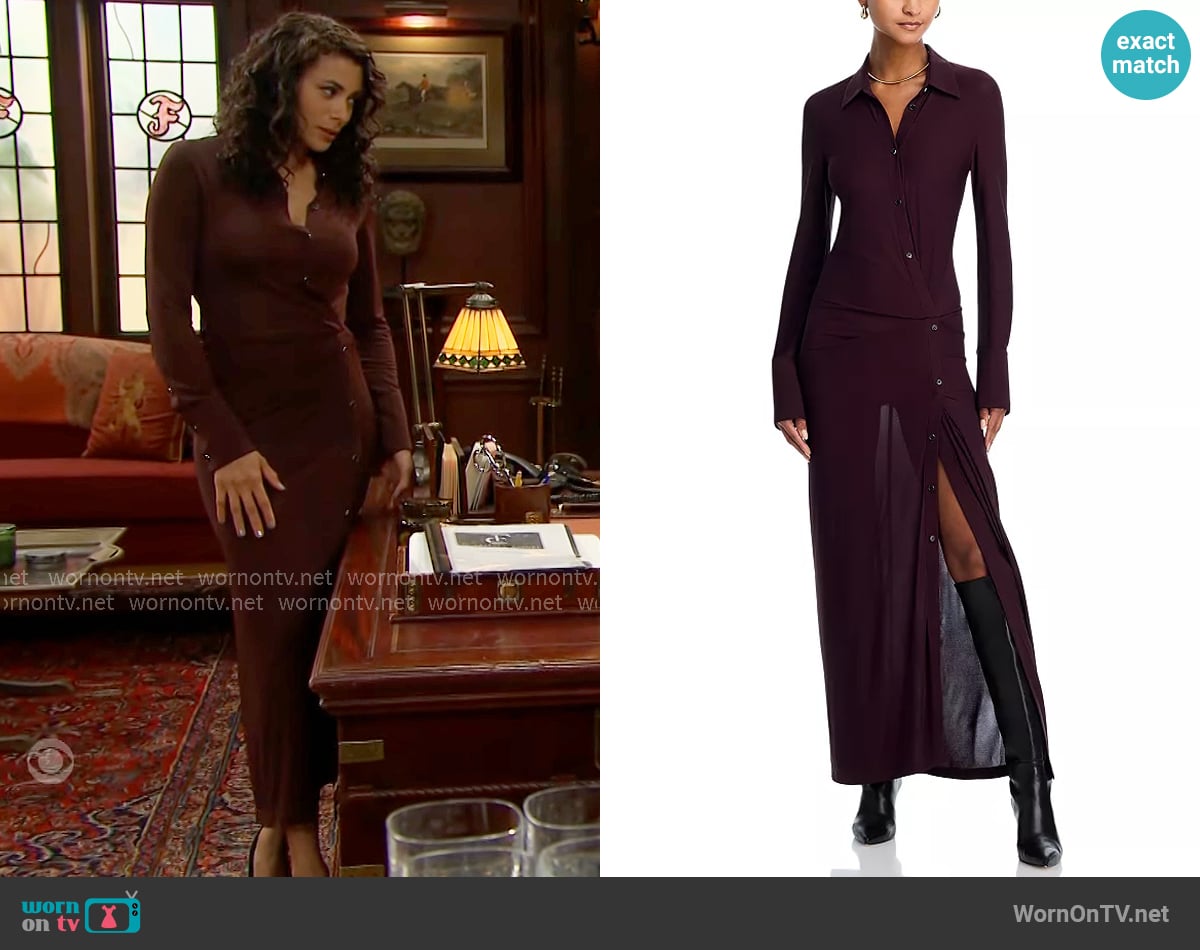 Helmut Lang Twisted Maxi Shirtdress in Mahogany worn by Daphne Rose (Murielle Hilaire) on The Bold and the Beautiful