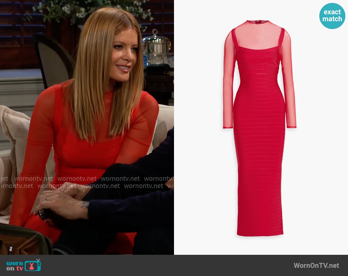 Herve Leger Ella mesh-paneled bandage gown worn by Phyllis Summers (Michelle Stafford) on The Young and the Restless