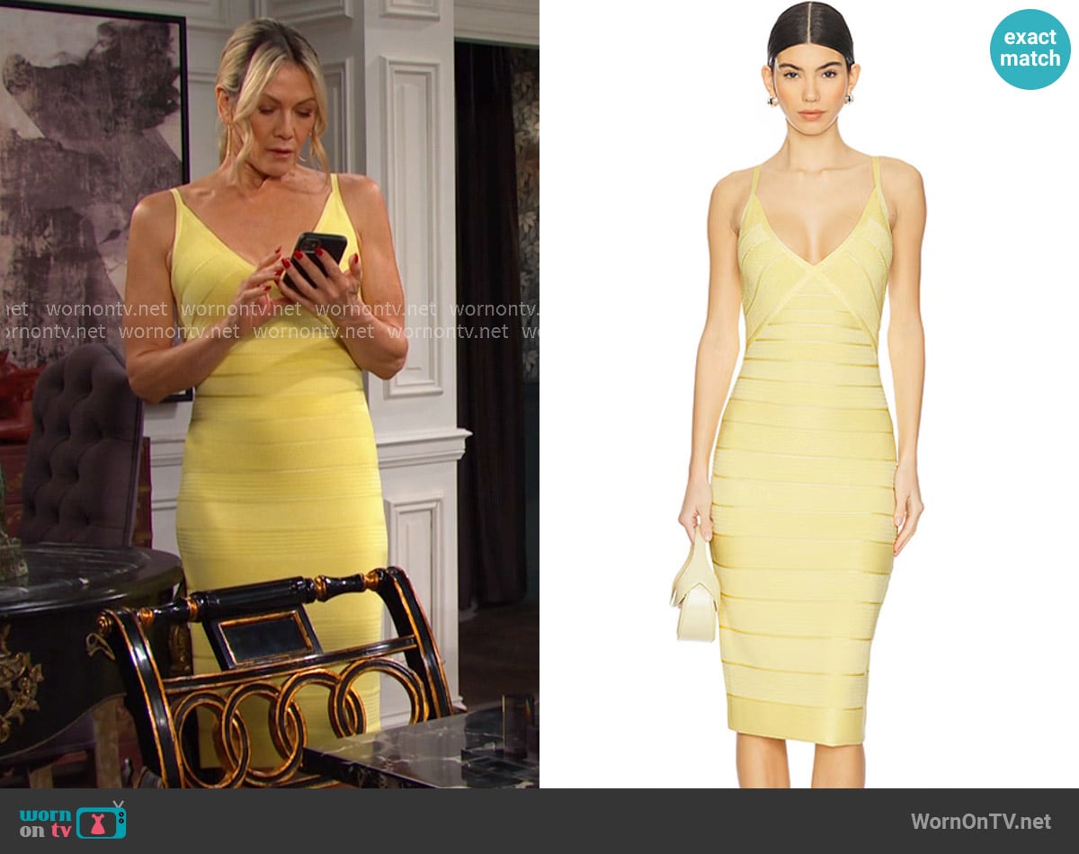 Herve Leger The Rowan Dress in Polenta worn by Kristen DiMera (Stacy Haiduk) on Days of our Lives