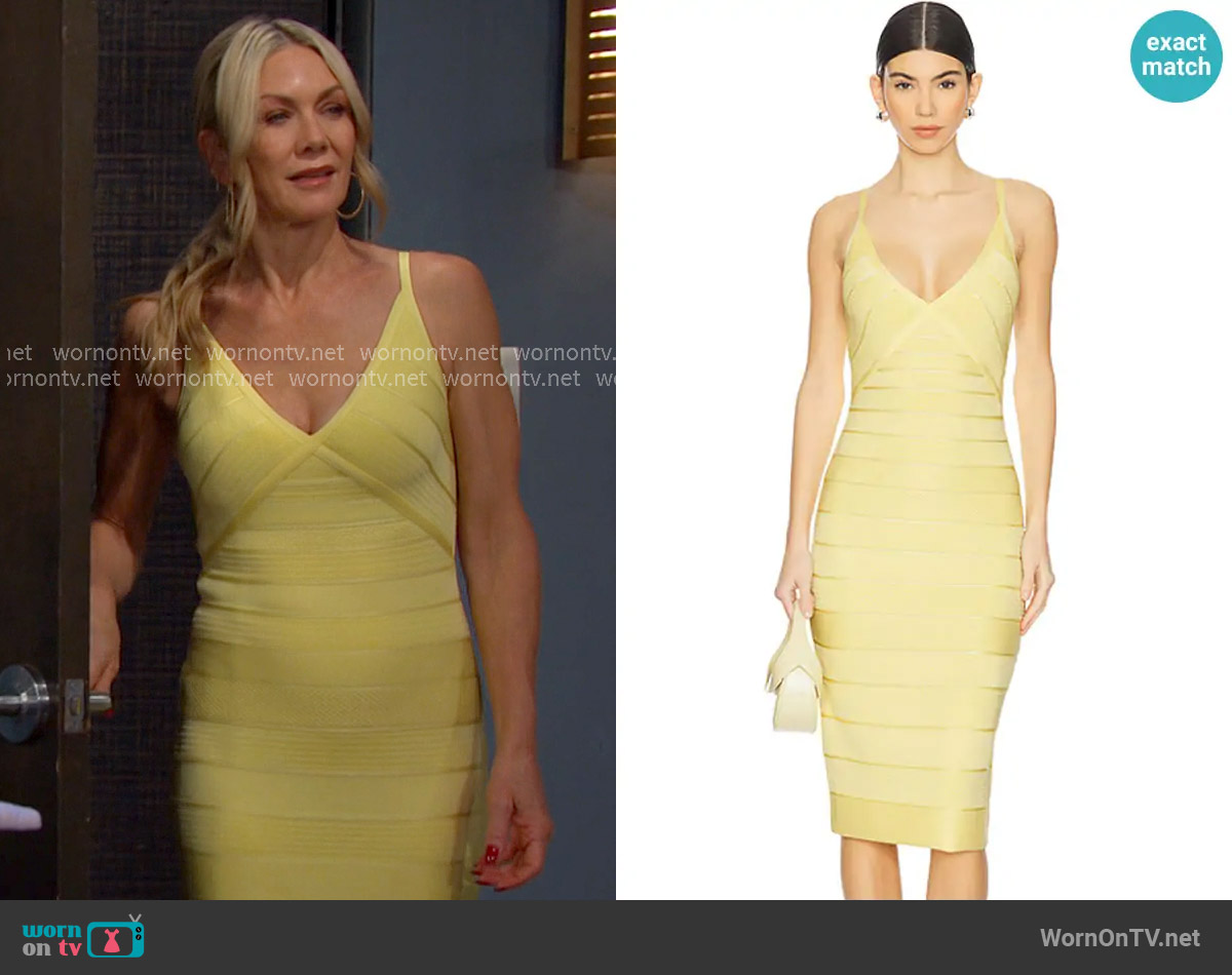 Herve Leger The Rowan Dress in Polenta worn by Kristen DiMera (Stacy Haiduk) on Days of our Lives