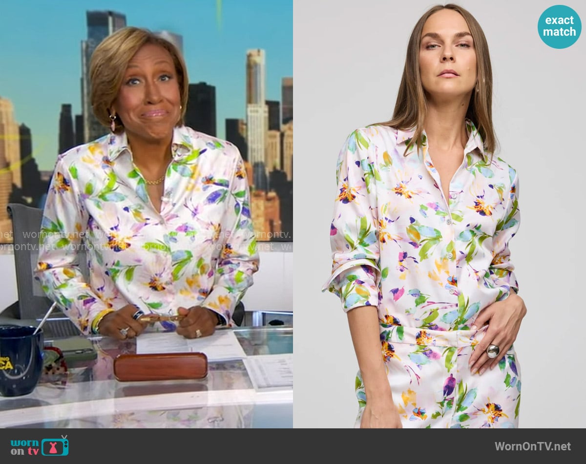 Robin’s white floral shirt on Good Morning America Robin’s white floral shirt on Good Morning America