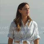 Hollis’s blue striped shirt and white linen shorts on The Five Star Weekend