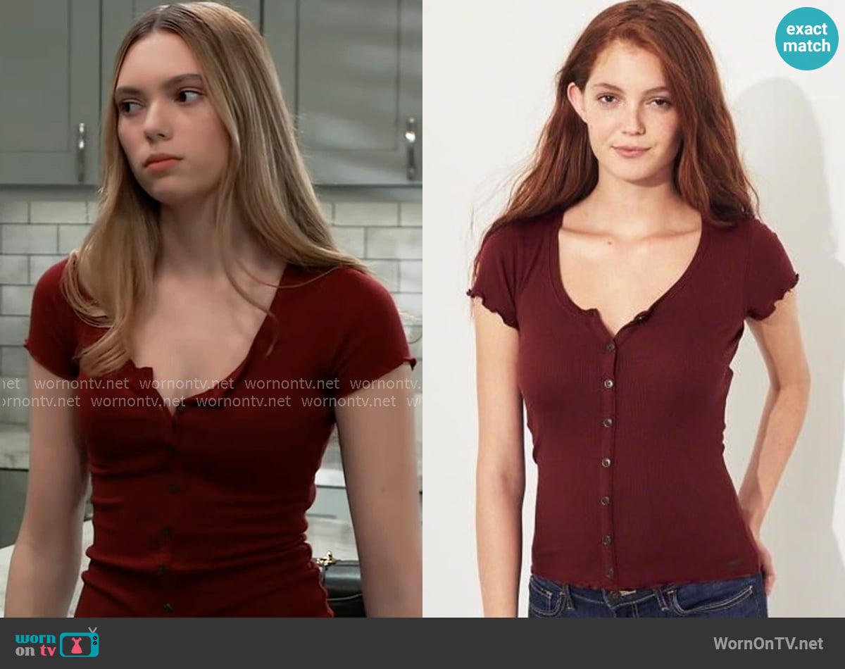 Hollister Slim Henley T-shirt in Burgundy worn by Charlotte Cassadine (Bluesy Burke) on General Hospital