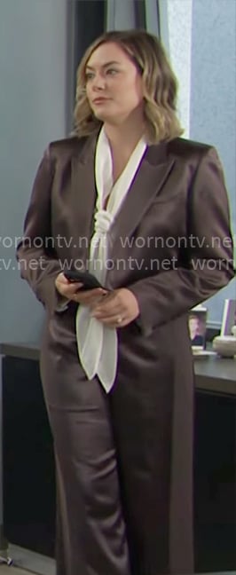 Hope’s grey satin blazer and pants set on The Bold and the Beautiful