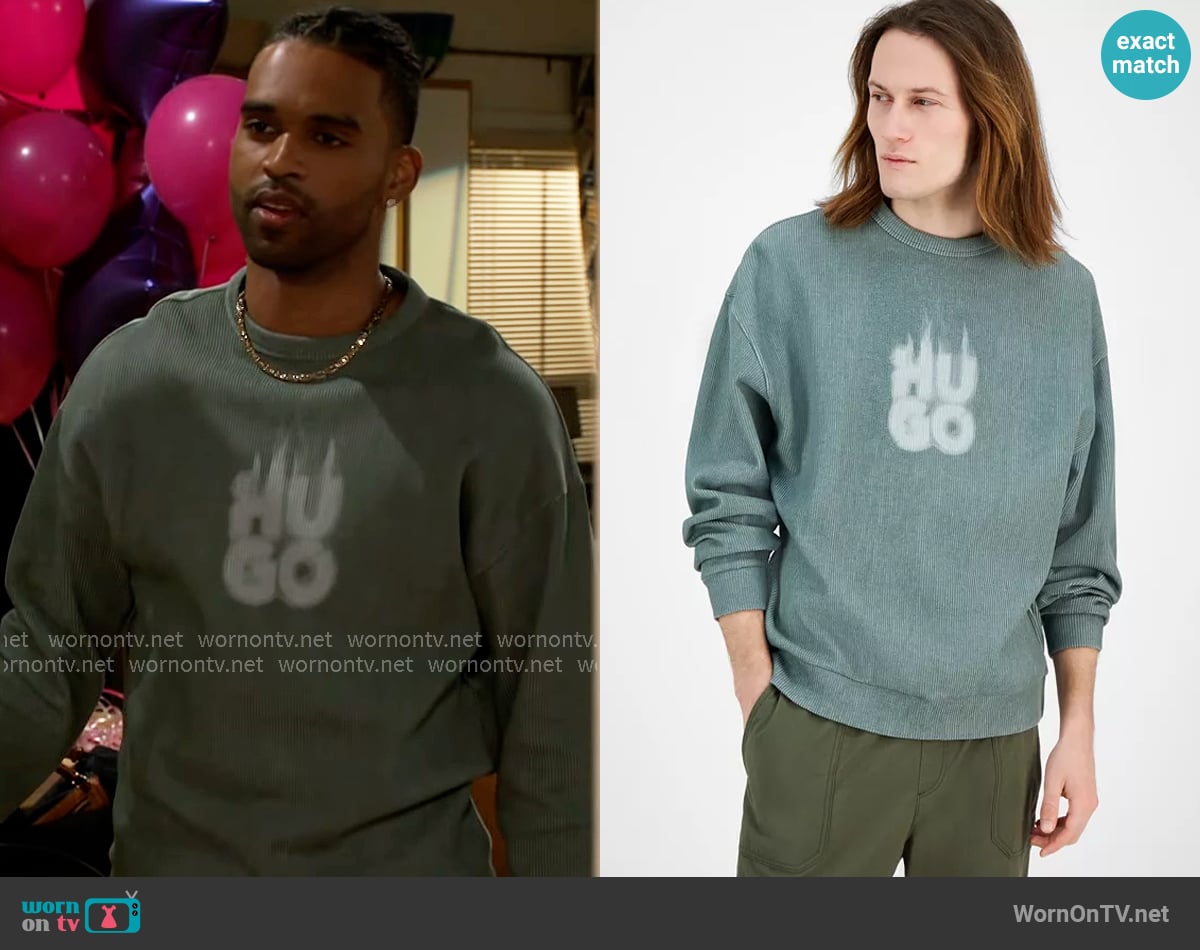 Hugo Boss Dinkam Logo Sweatshirt worn by Izaiah Hawthorne (David Lami Friebe) on Beyond the Gates