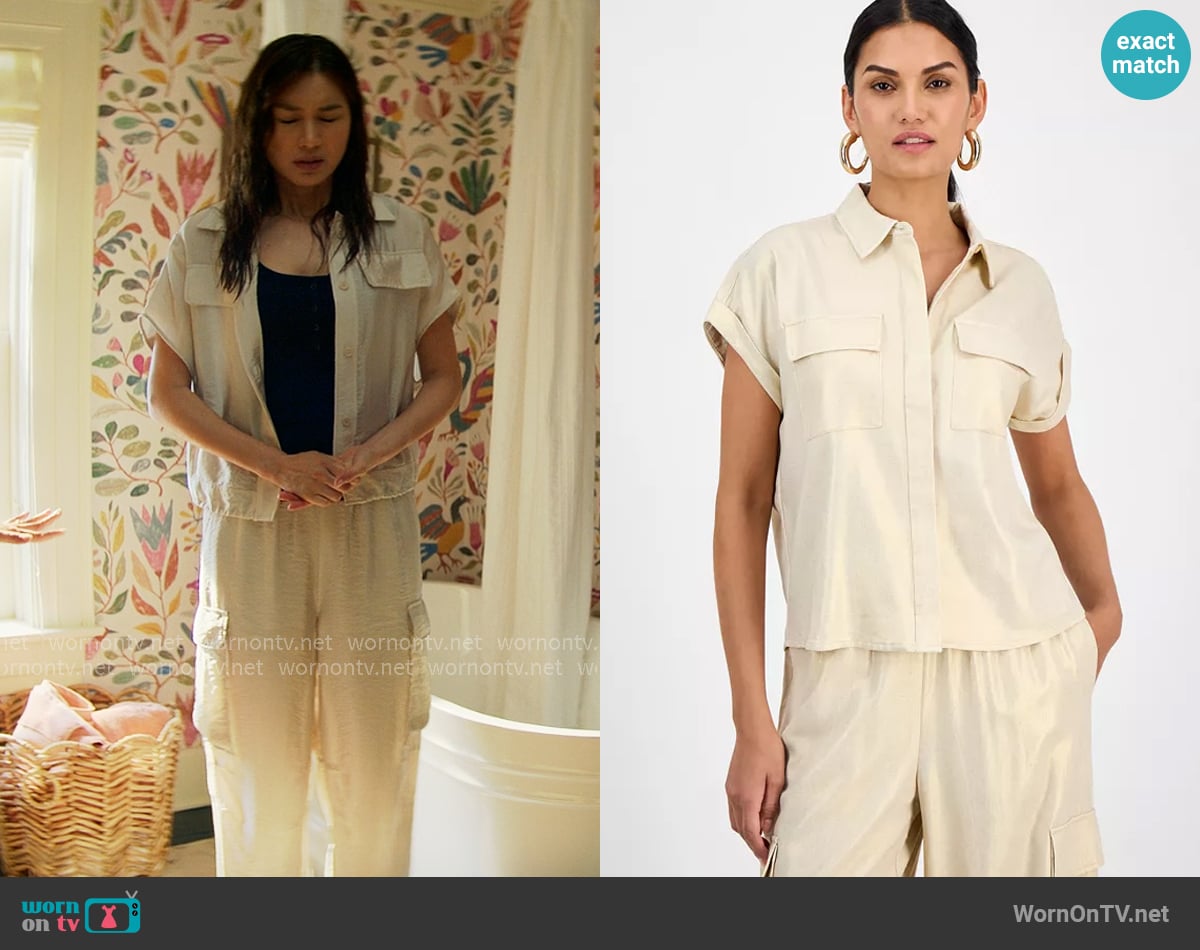 INC International Concepts Linen-Blend Short-Sleeve Blouse worn by Gigi Ling (Gemma Chan) on The Five Star Weekend