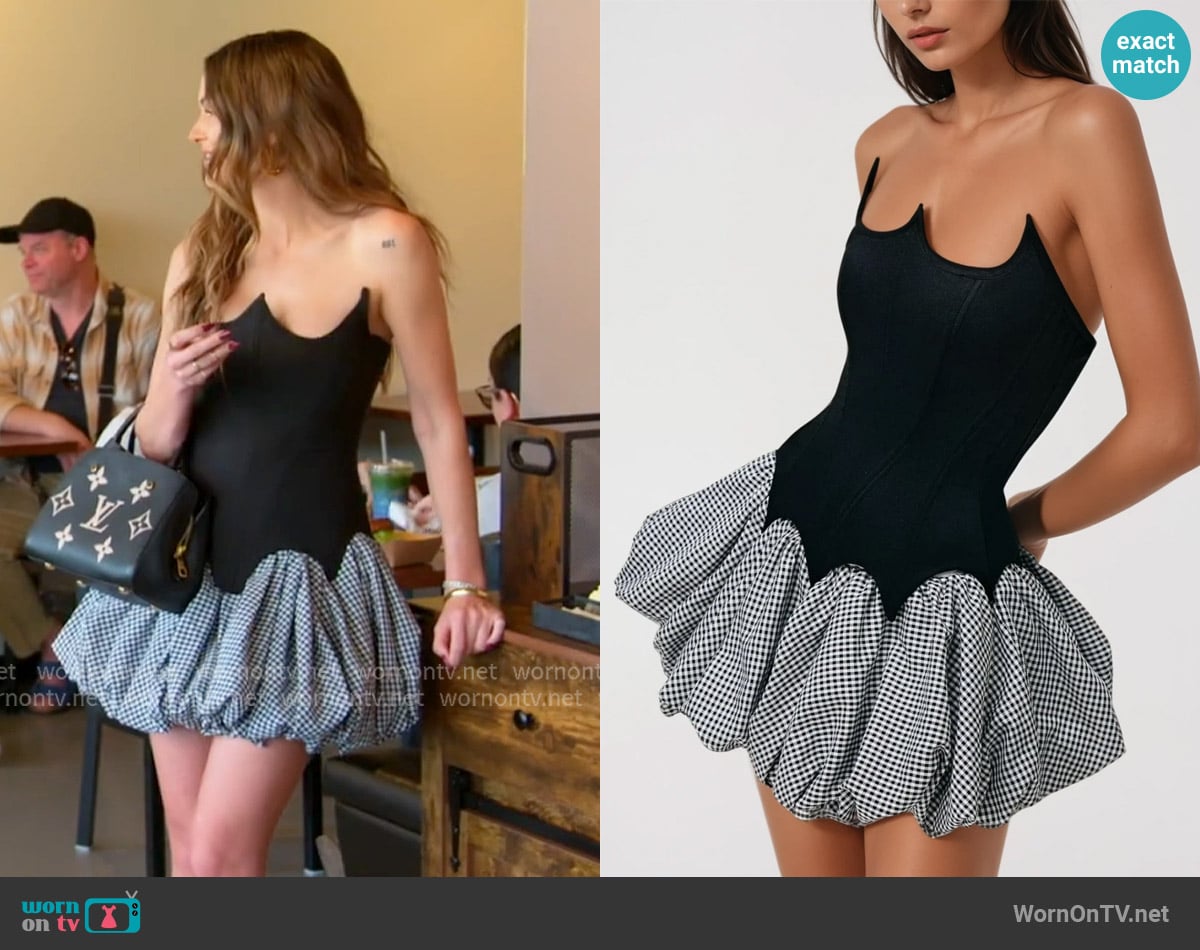 Innovare Denim Aragog Asymmetric Strapless Grid Mini Dress worn by Lala Kent on The Valley