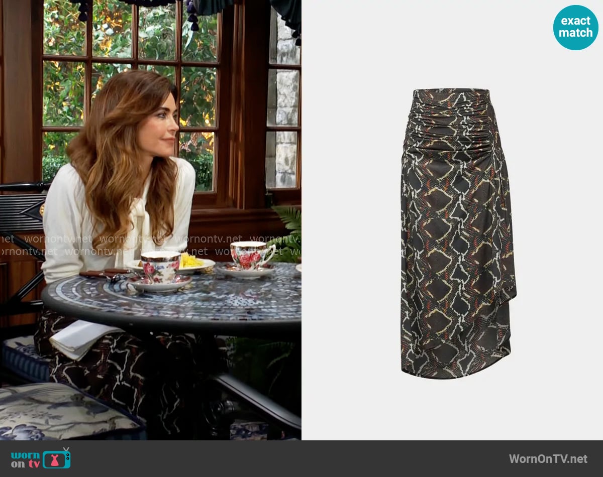 IRO Alessandra Ruched Midi Skirt worn by Victoria Newman (Amelia Heinle) on The Young and the Restless