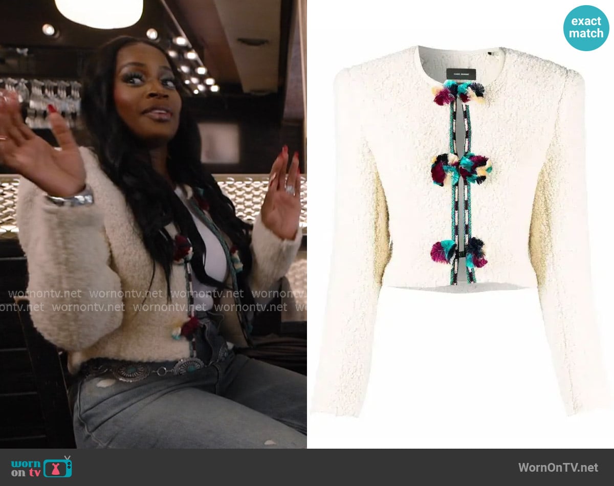 Isabel Marant Gradiazi pompom-embellished jacket worn by Shamea Morton Mwangi on The Real Housewives of Atlanta