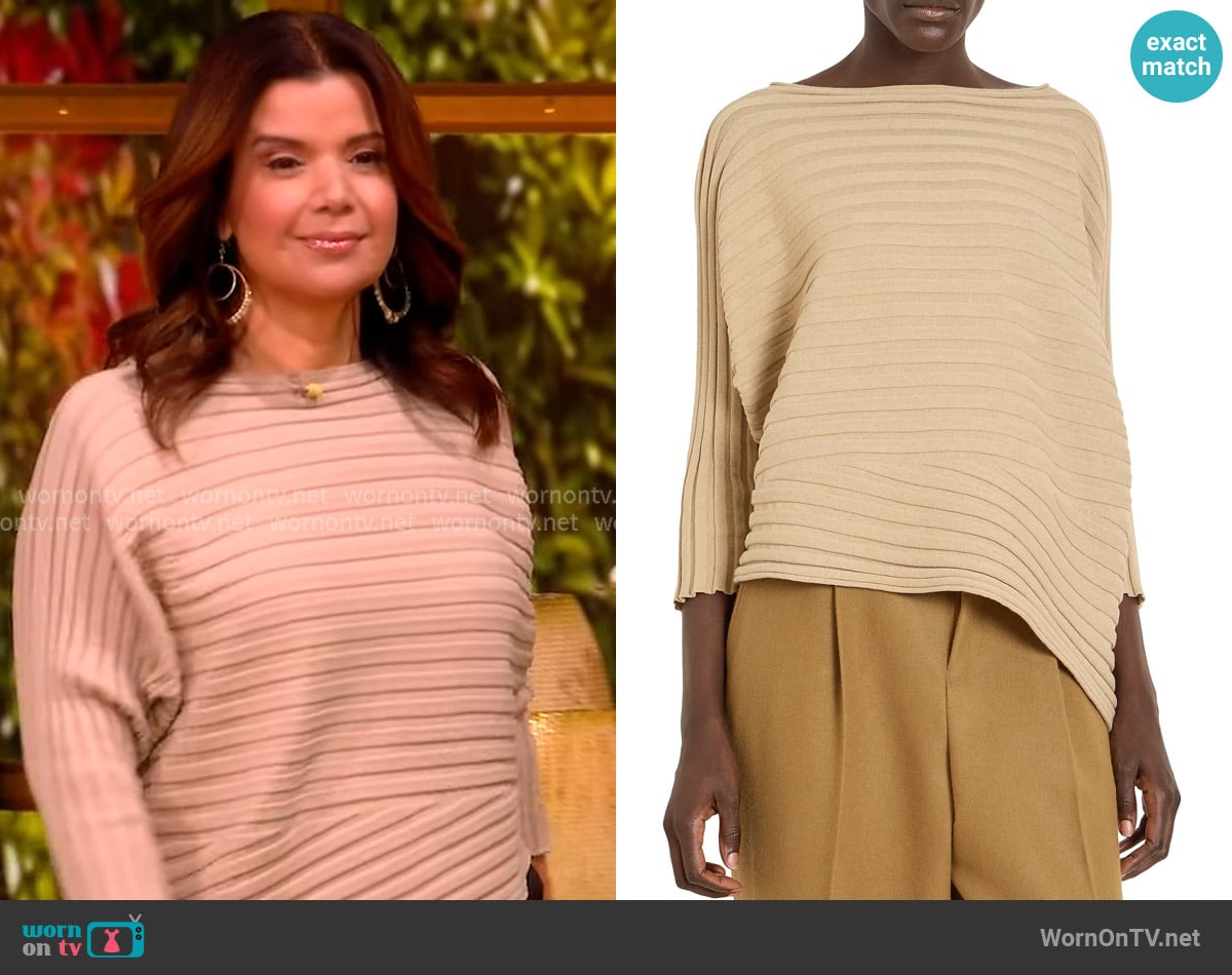 Ana’s beige ribbed asymmetric sweater on The View Ana’s beige ribbed asymmetric sweater on The View