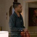 Izaiah’s denim shirt jacket and printed pants on Beyond the Gates