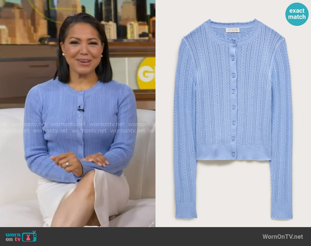 Stephanie’s blue pointelle cardigan on GMA Stephanie’s blue pointelle cardigan on GMA