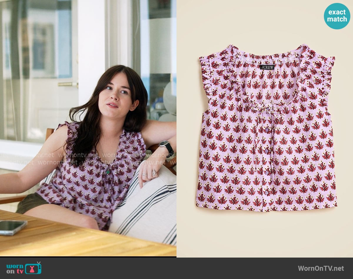 J. Crew Ruffle-trim button-up top in block print worn by Caroline Shaw (Harlow Jane) on The Five Star Weekend