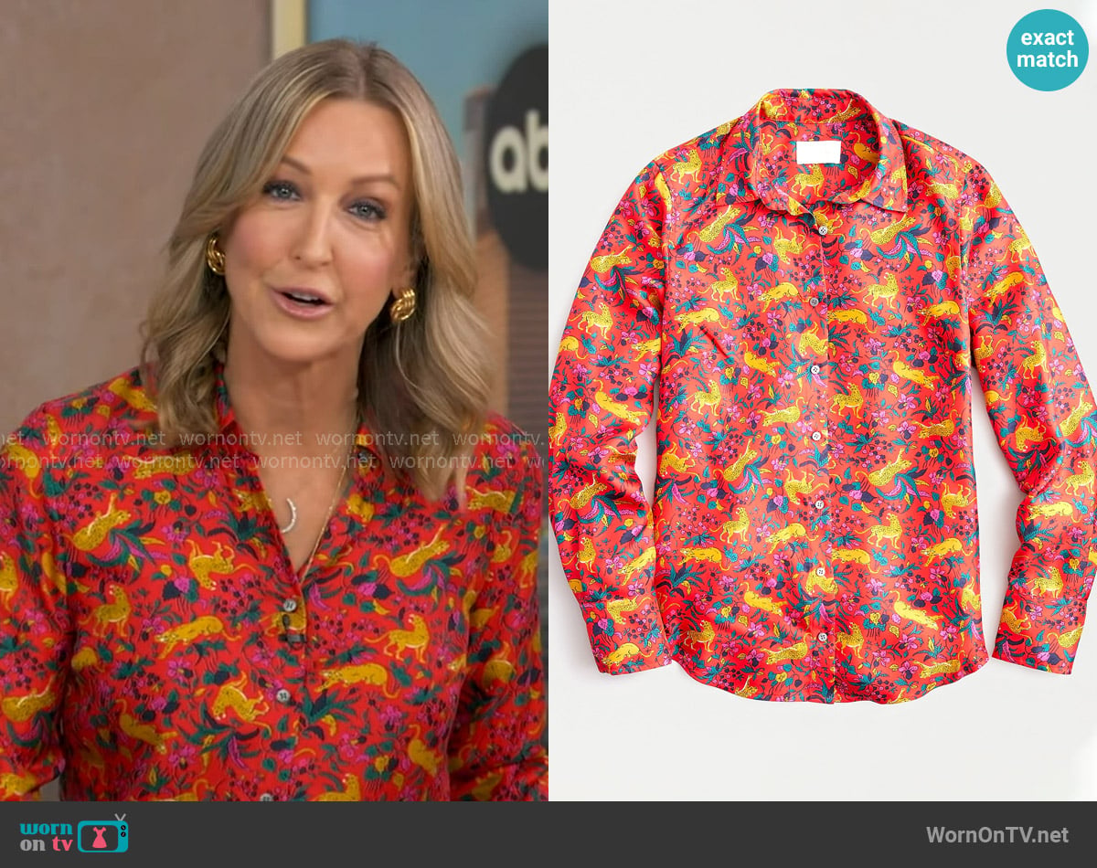 J.Crew Silk Button-Up Shirt in jungle cat floral print worn by Lara Spencer on Good Morning America