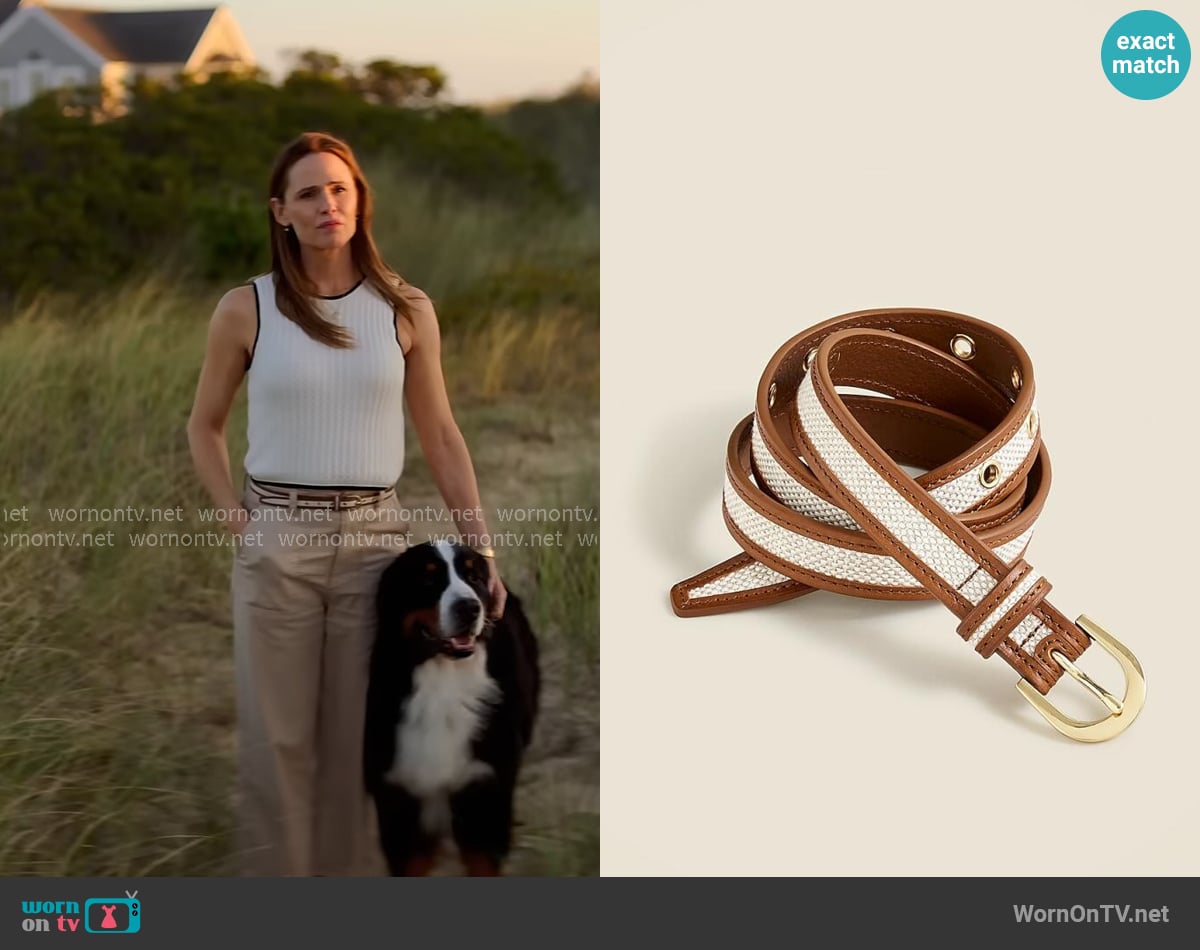 J. Crew Slim classic belt in Italian leather worn by Hollis Shaw (Jennifer Garner) on The Five Star Weekend