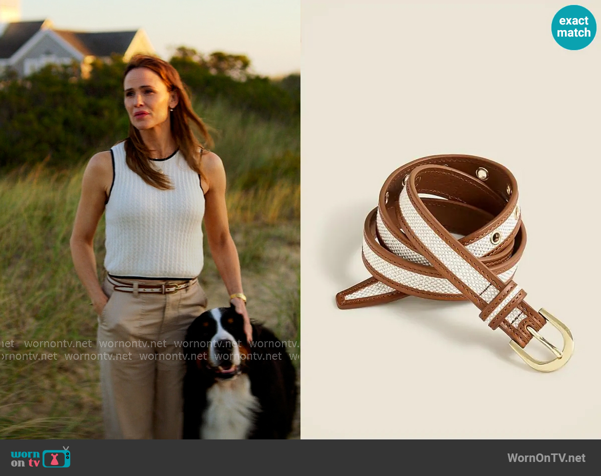 J. Crew Slim classic belt in Italian leather worn by Hollis Shaw (Jennifer Garner) on The Five Star Weekend