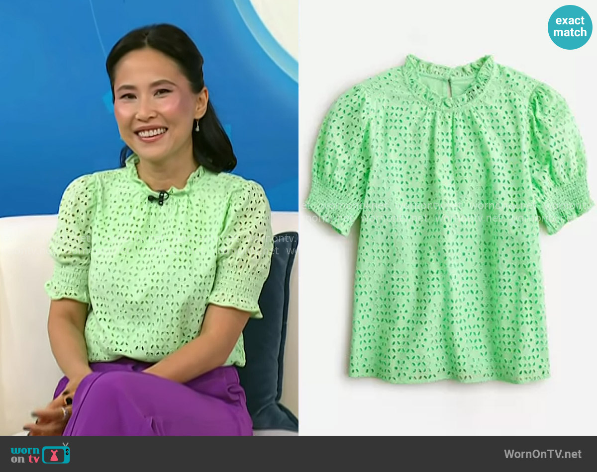 J. Crew Smocked Puff-Sleeve Top in eyelet Frosty Green worn by Vicky Nguyen on Today