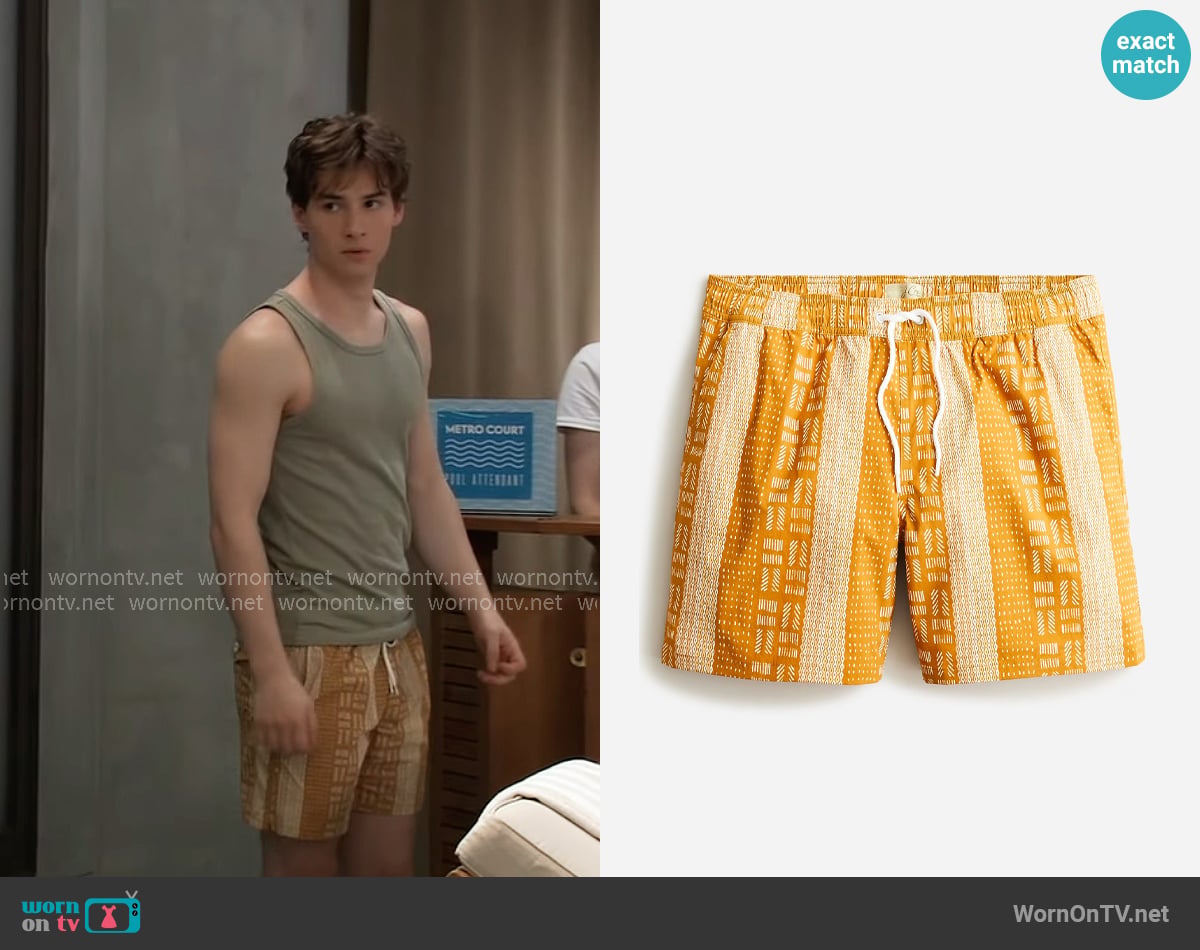 J. Crew Stretch Swim Trunk in print worn by Rocco Falconeri (Finn Francis Carr) on General Hospital