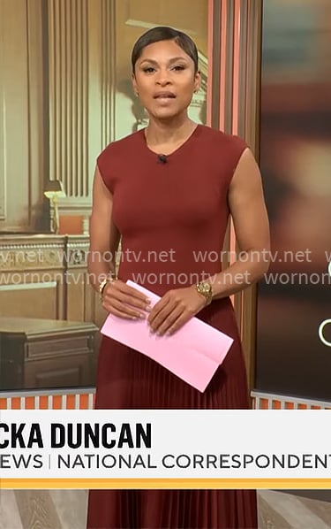 Jericka Duncan's brown pleated skirt dress on CBS Mornings