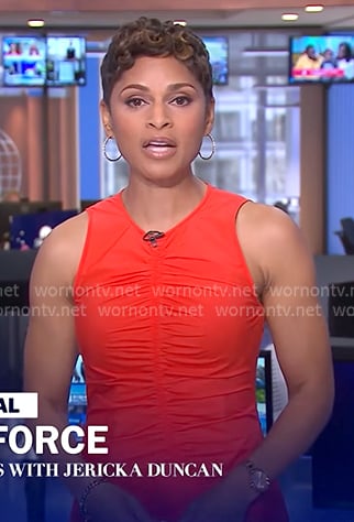 Jericka’s red ruched front dress on CBS Evening News
