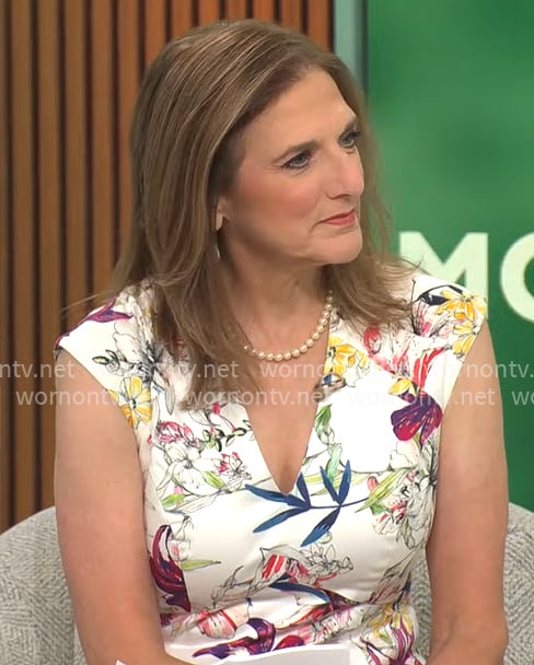 Jill Schlesinger’s white floral v-neck dress on CBS Mornings