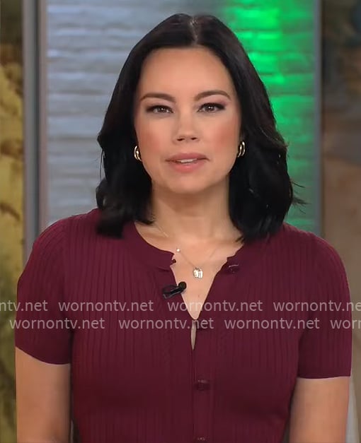 Jo Ling Kent’s burgundy button front knit dress on CBS Mornings