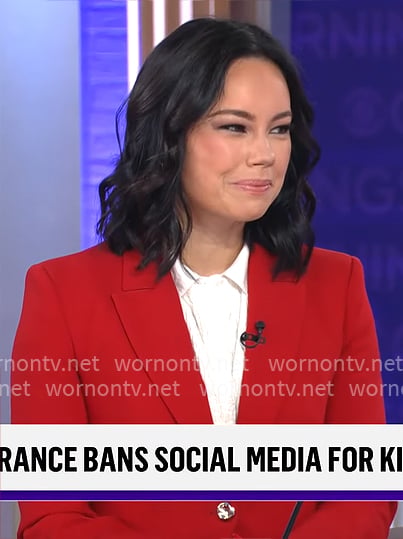 Jo Ling Kent’s red blazer with silver button on CBS Mornings