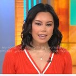 Jo Ling Kent’s red cardigan with white stripe trim on CBS Mornings