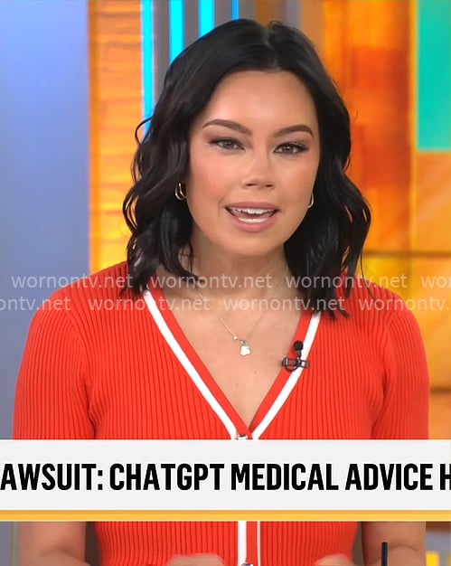 Jo Ling Kent’s red cardigan with white stripe trim on CBS Mornings