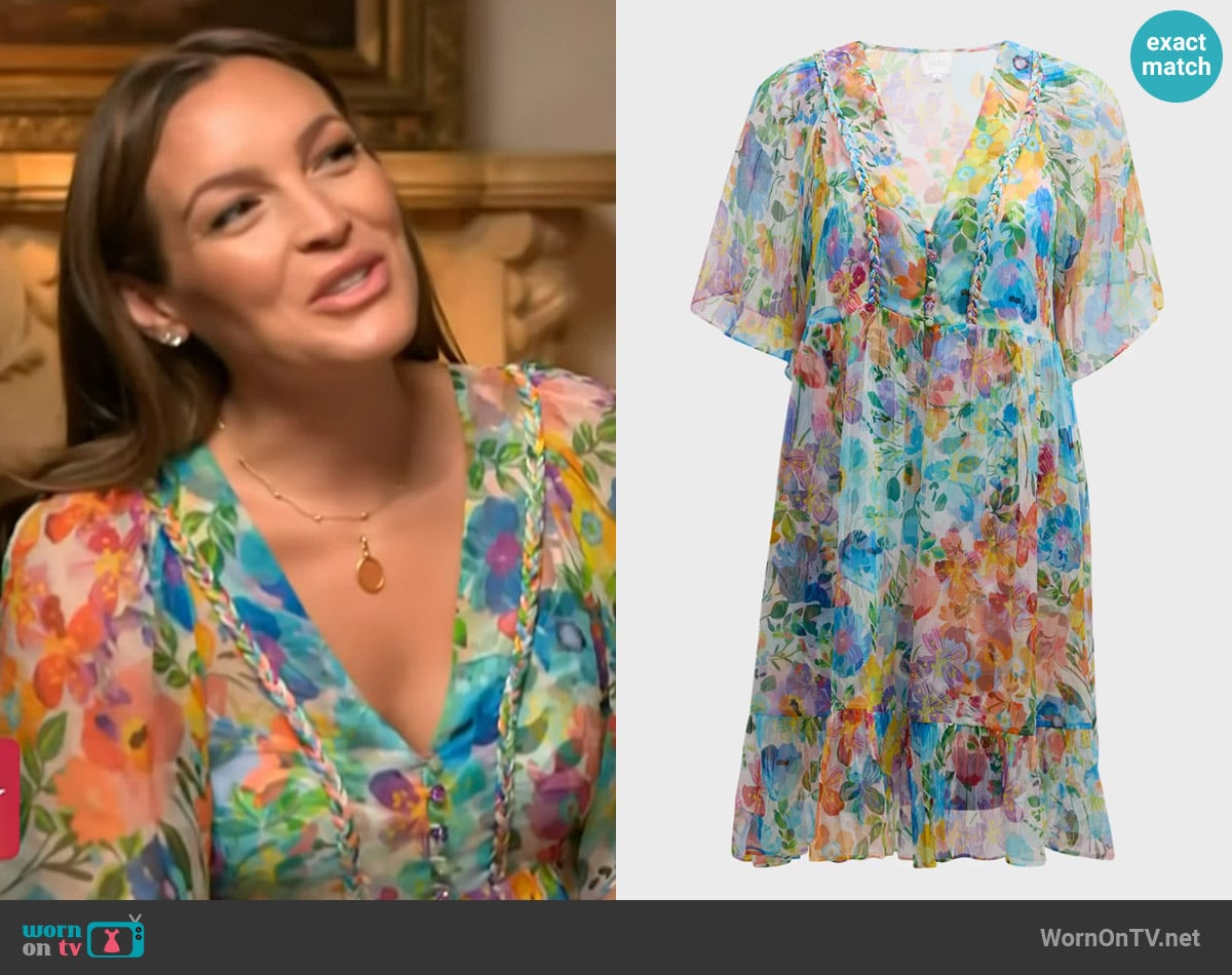 Johnny Was Margaret Flounce Floral-Print Chiffon Dress worn by Emily Orozco on Access Hollywood