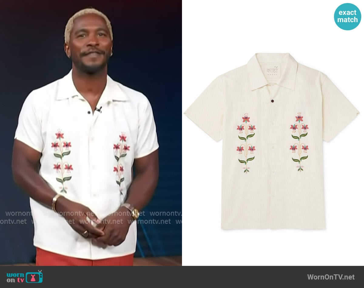 Kardo Chintan Convertible-Collar Embroidered Cotton Shirt worn by Scott Evans on Access Hollywood