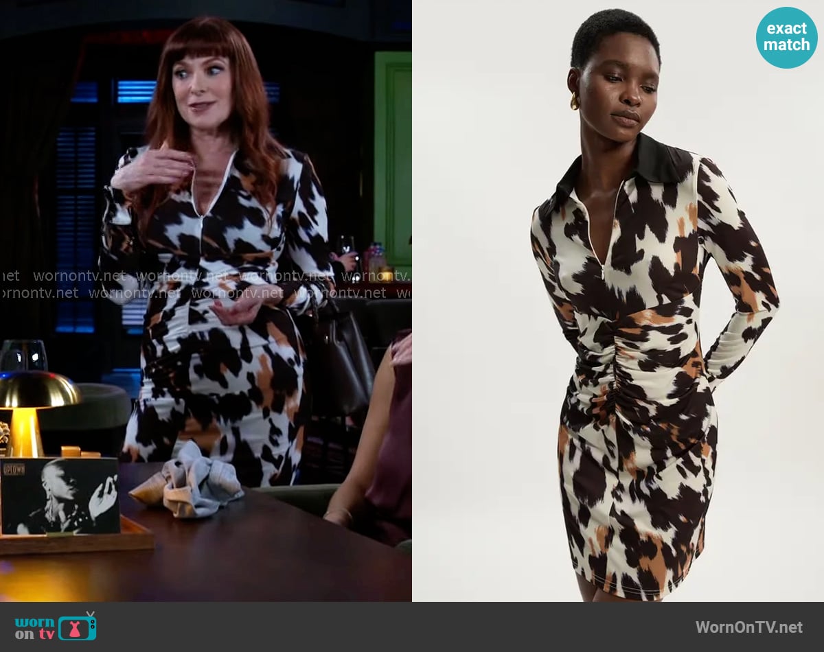 Karen Millen Animal Print Crepe Collared Mini Dress worn by Pamela Curtis (Cady McClain) on Beyond the Gates