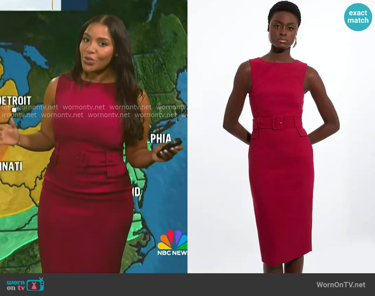 Karen Millen Compact Stretch Belted Tailored Midi Pencil Dress in Merlot worn by LLarisa Abreu on NBC News Daily