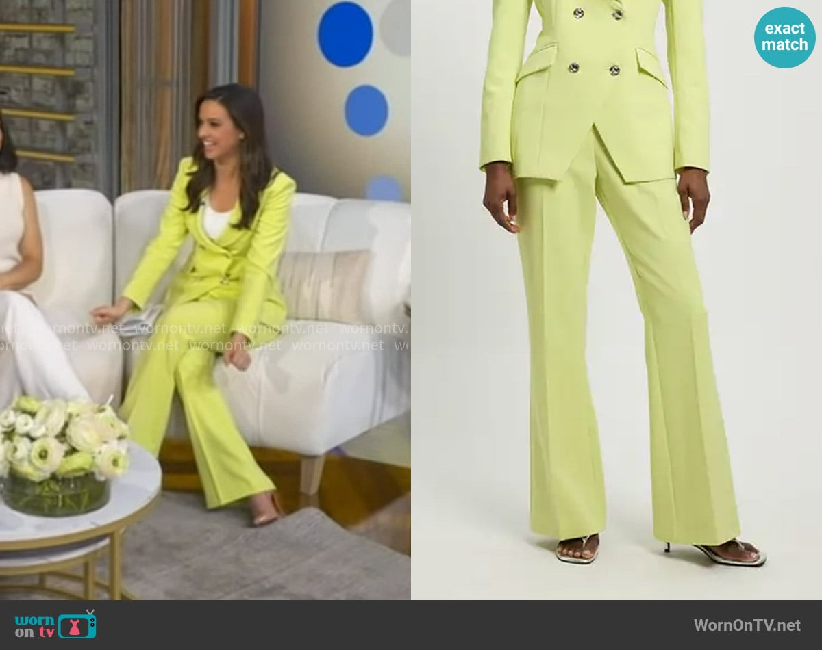 Karen Millen Compact Stretch Tailored Kickflare Trouser in Lime worn by Hanna Battah on Good Morning America