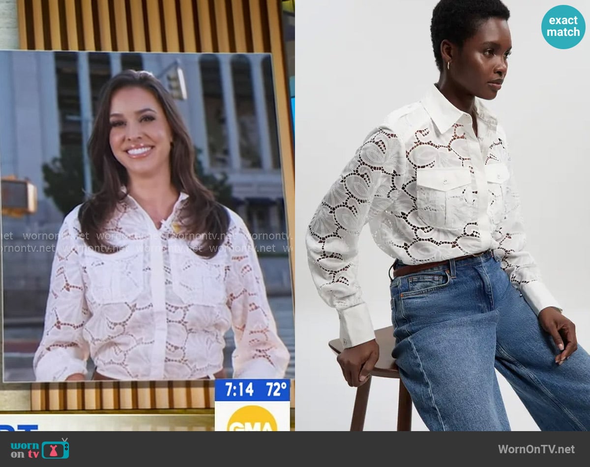 Karen Millen Cotton Cutwork Woven Shirt worn by Hanna Battah on Good Morning America