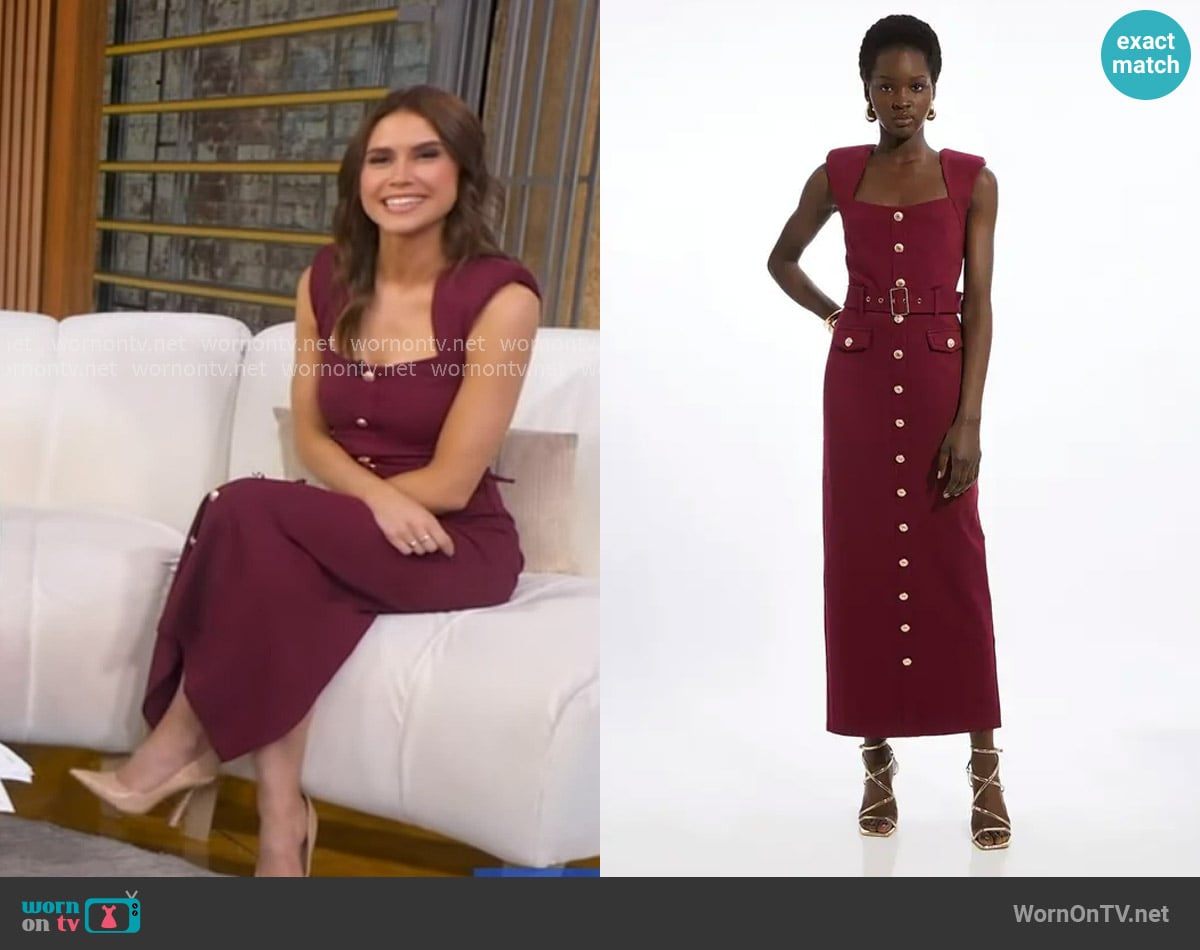 Karen Millen Ponte Belted Cap Sleeve Midi Dress in Plum worn by Sophie Flay on Good Morning America