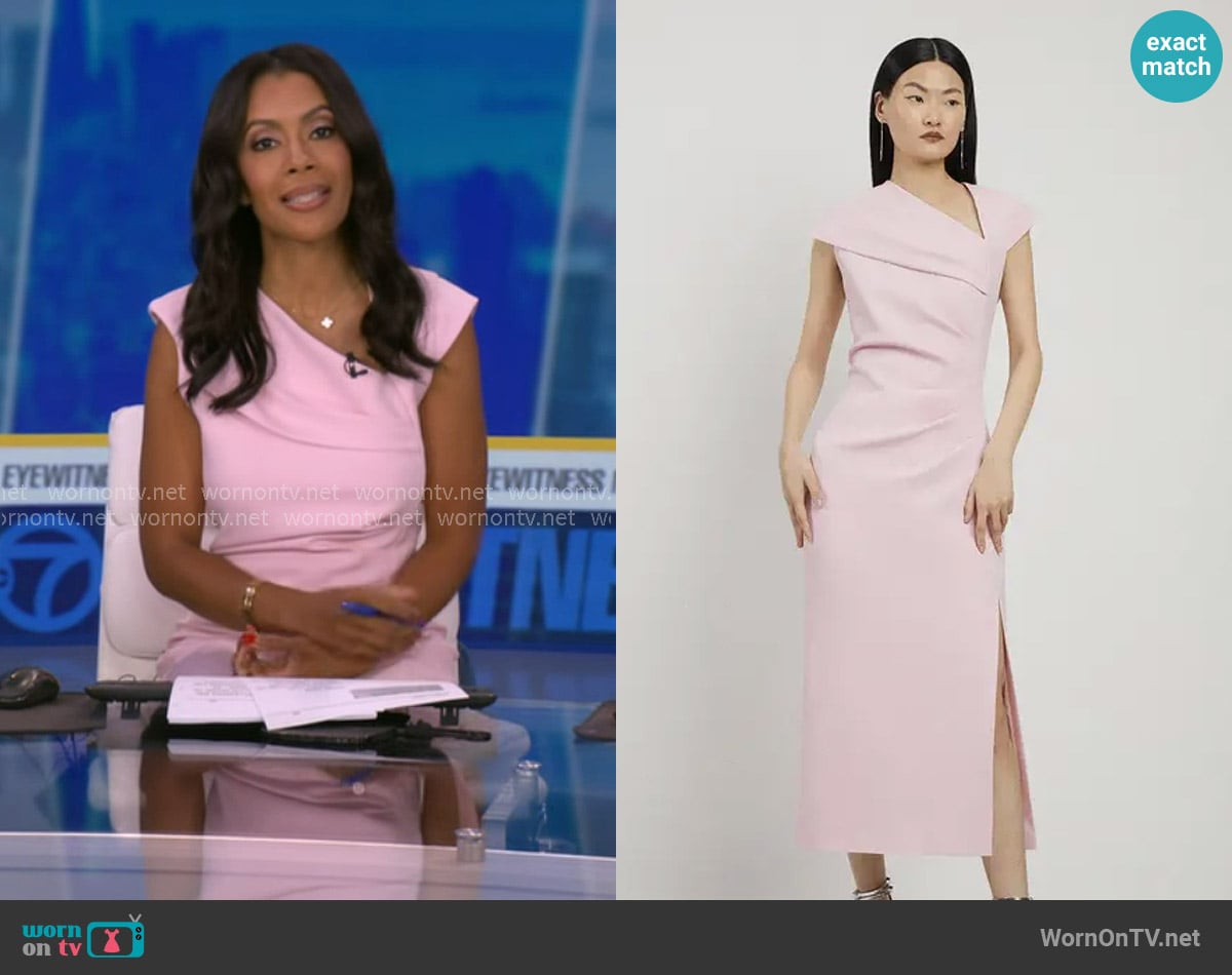 Karen Millen Structured Crepe Asymmetric Neck Midi Dress in Pale Pink worn by Shirleen Allicot on Good Morning America