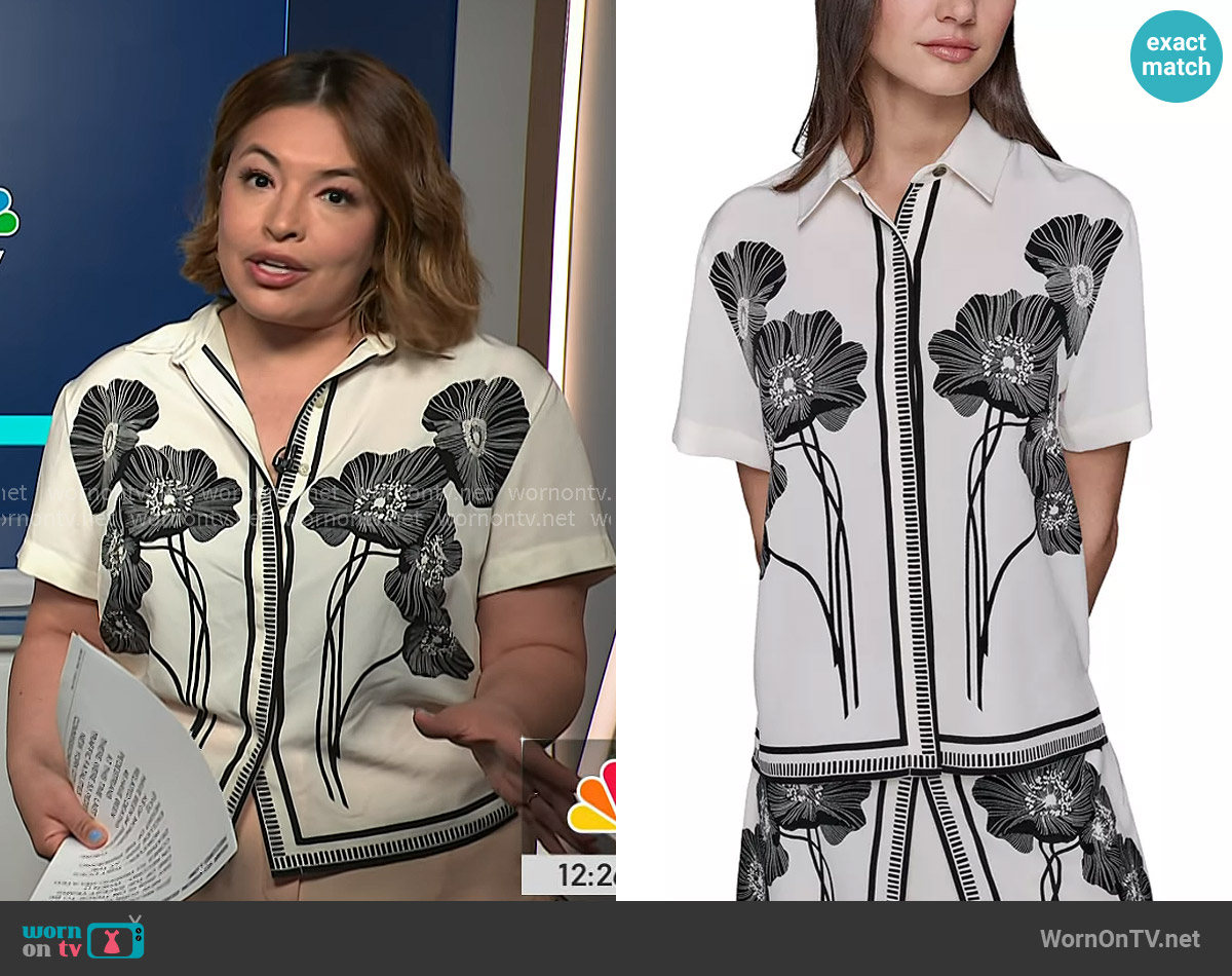 Karl Lagerfeld Floral Short Sleeve Shirt in Cream Black worn by Gilma Avalos on NBC News Daily